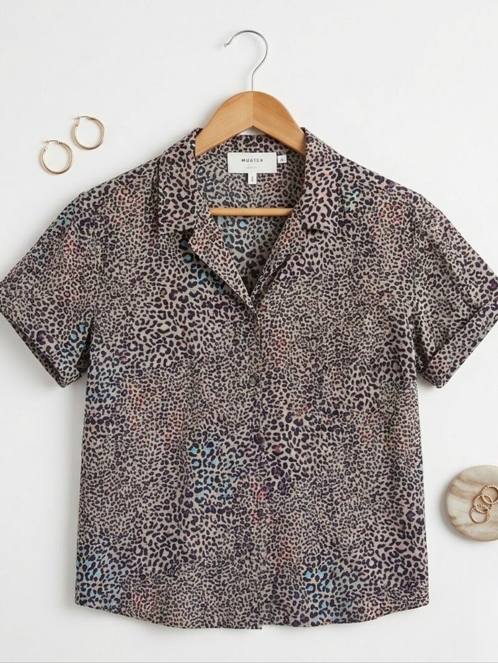 MUNTHE Ushi Leopard Print Short Sleeve Blouse Top